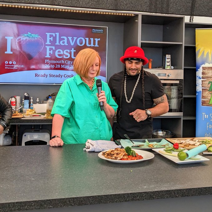 So pleased to have <a href="/NatalieCornah/">Natalie Cornah</a> from <a href="/BBCSpotlight/">BBC South West</a> back with us <a href="/FlavourFestSW/">Flavour Fest</a> at 1pm today for Ready, Steady, Cook on The Piazza in Plymouth City Centre, hosted by <a href="/PeterGorton1/">Peter Gorton</a> Come and join us for food, drink, demos and entertainment all weekend.