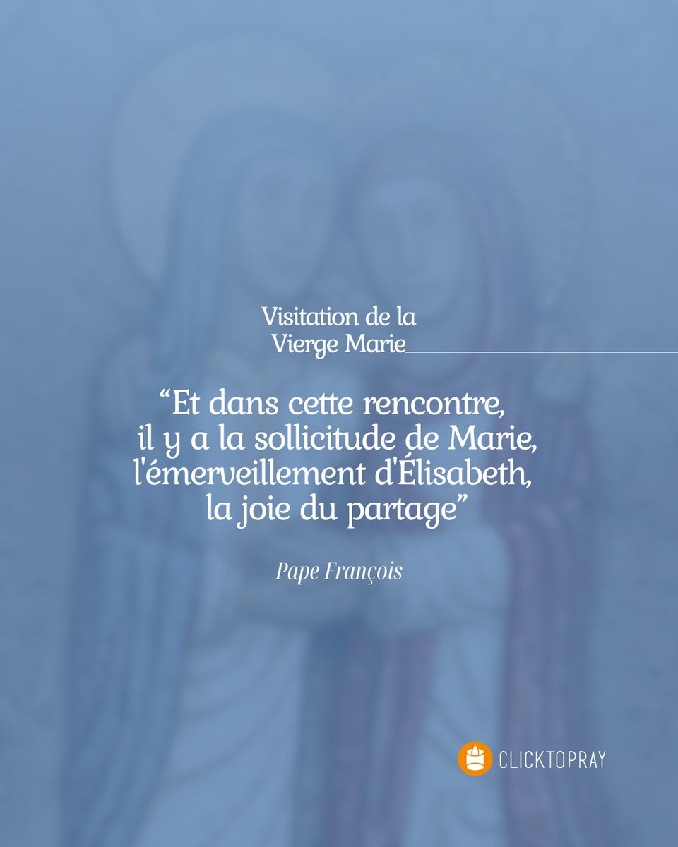 ✨Aujourd'hui, c'est la fête de la Visitation de la Vierge Marie, qui se rend dans la maison de sa cousine Élisabeth, est est accueillie avec joie. 

Offre ta journée avec la prière du matin sur #ClickToPray : clicktopray.org