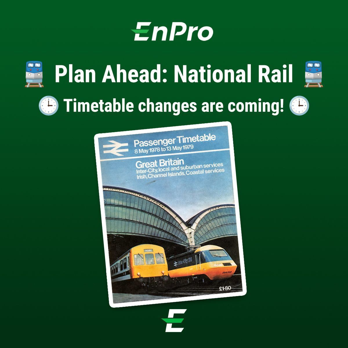 EnProGroupLtd's tweet image. 🚆🕒 With updates taking place twice a year, the current National Rail Timetable, in effect since Sun 10-Dec-23, is set to change this weekend on Sun 02-Jun-24. Don't forget to check your travel plans! 📅 #NationalRail #TimetableChanges #TravelUpdates #EnProUK