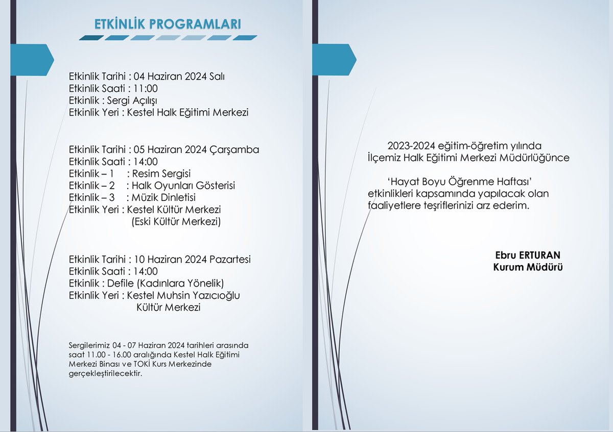 04-10 Haziran Hayat Boyu Öğrenme Haftası başlıyor!
Yaşamın her alanında öğrenmenin kapılarını aralayan Halk Eğitim Merkezimizin bir yıl boyunca emek harcayarak ortaya koyduğu eserleri sizlerin beğenisine sunuluyor. Programımıza tüm halkımızı ve öğrenmeye sevdalı herkesi bekleriz.