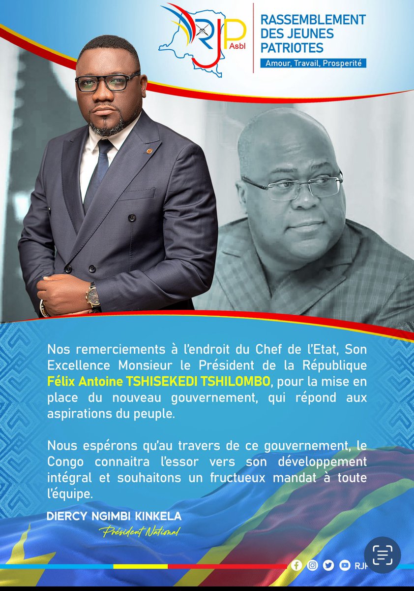 #RDC: Message de remerciement de Diercy NGIMBI KINKELA @ngimbidiercy1 au président de la République Félix Antoine Tshisekedi Tshilombo pour la mise en place du nouveau gouvernement.