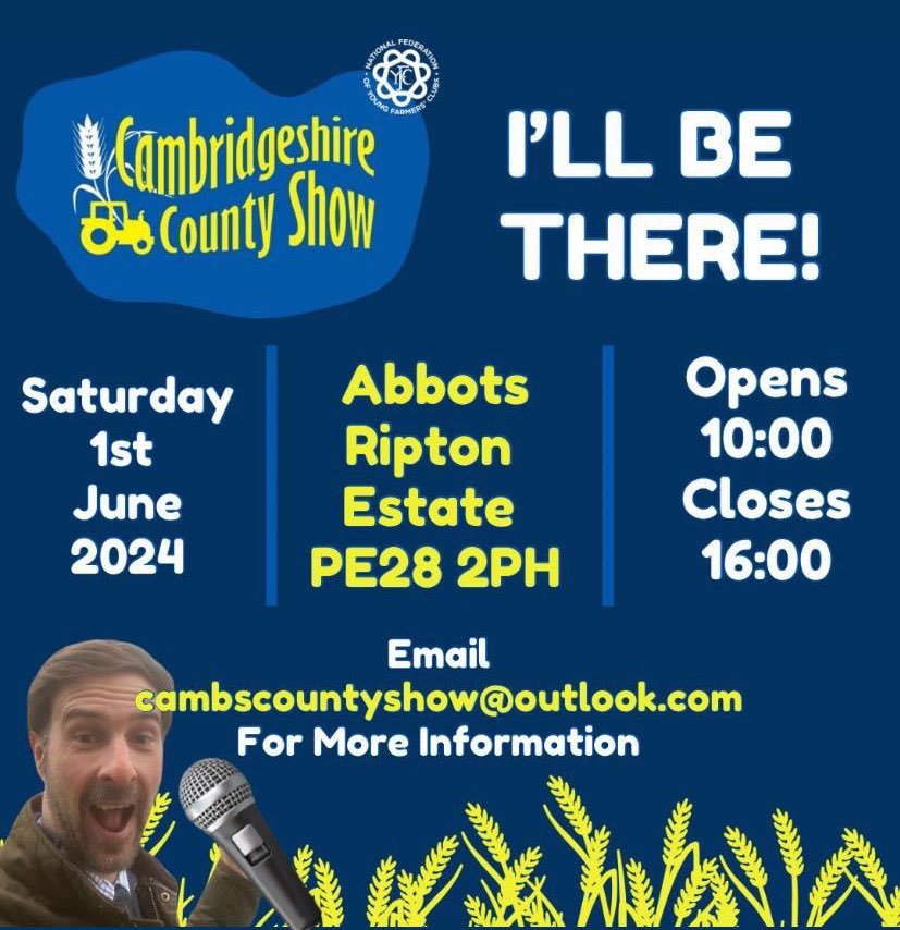 Ondaintreefarm's tweet image. Looking for something to do on the 1st June? Why not come to the Cambridgeshire county show! There loads amazing stuff to see! Watch  the cambs young farmers compete in loads of fun competitions, plus you get to hear me on mic! What’s not to love about that!