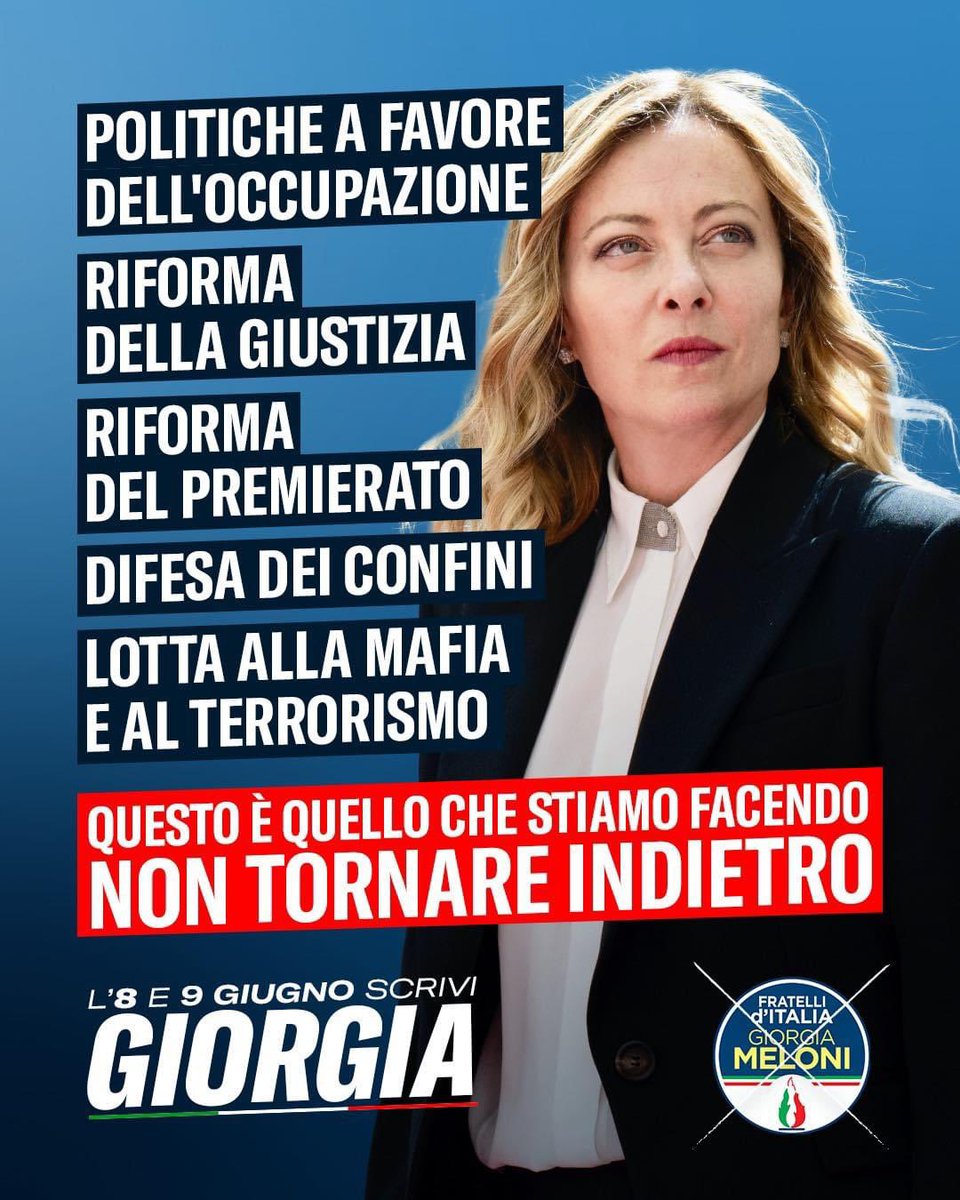 🔵 Stiamo cambiando l’Italia, adesso cambiamo l’Europa.

L’8 e il 9 giugno scrivi Giorgia.

#ScriviGiorgia #VotaFDI