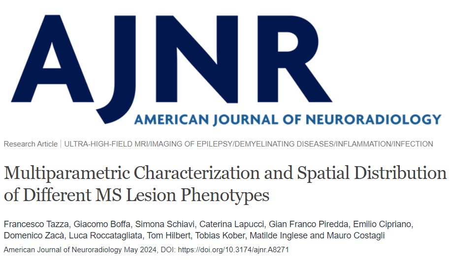 Mauro Costagli (@magneticmauro) on Twitter photo Happy to share my first published article with <a href="/SanMartino_Ge/">Ospedale San Martino Genova</a> affiliation. We identified distinct types of MS lesions using #MRI QSM and SMWI. We further characterized these lesions with T1-relaxometry, myelin mapping, and diffusion MR imaging. ajnr.org/content/early/… Happy to share my first published article with <a href="/SanMartino_Ge/">Ospedale San Martino Genova</a> affiliation. We identified distinct types of MS lesions using #MRI QSM and SMWI. We further characterized these lesions with T1-relaxometry, myelin mapping, and diffusion MR imaging. ajnr.org/content/early/…
