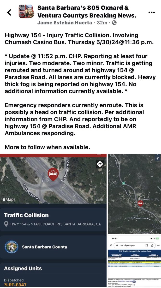 Highway 154 - Injury Traffic Collision. Involving Chumash Casino Bus.