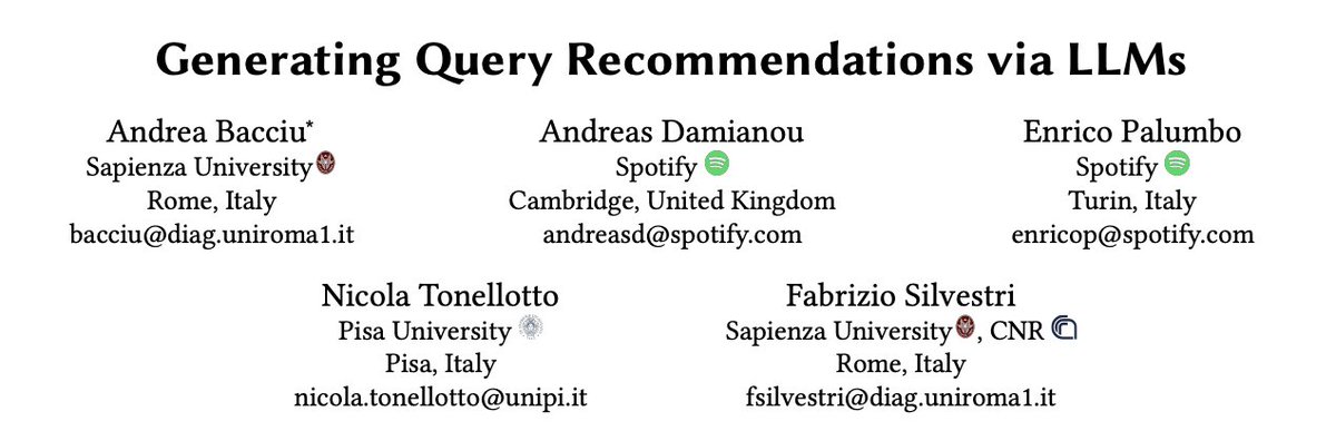 Andrea Bacciu (@andrea_bacciu) on Twitter photo Delighted to share Generative Query Recommendations via LLMs. We show how LLMs enhance web search by improving queries in the absence of query logs. <a href="/enricopalumbo91/">Enrico Palumbo</a>, <a href="/adamianou/">Andreas Damianou</a>, <a href="/ntonellotto/">Nicola Tonellotto</a>, <a href="/fabreetseo/">Fabrizio Silvestri</a>. arxiv.org/pdf/2405.19749
Work done prior to joining Amazon. Delighted to share Generative Query Recommendations via LLMs. We show how LLMs enhance web search by improving queries in the absence of query logs. <a href="/enricopalumbo91/">Enrico Palumbo</a>, <a href="/adamianou/">Andreas Damianou</a>, <a href="/ntonellotto/">Nicola Tonellotto</a>, <a href="/fabreetseo/">Fabrizio Silvestri</a>. arxiv.org/pdf/2405.19749
Work done prior to joining Amazon.