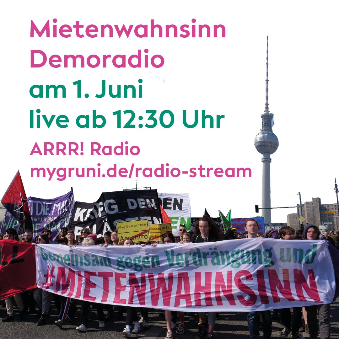 Das ARRR! Radio überträgt am 1.6. die Mietendemo live auf mygruni.de/radio-stream/
Bringt eure Lautsprecher mit, dann könnt ihr Redebeiträge auch hören, wenn ihr nicht hinter dem Lauti seid. #Mietenwahnsinn #Podcast #Radio