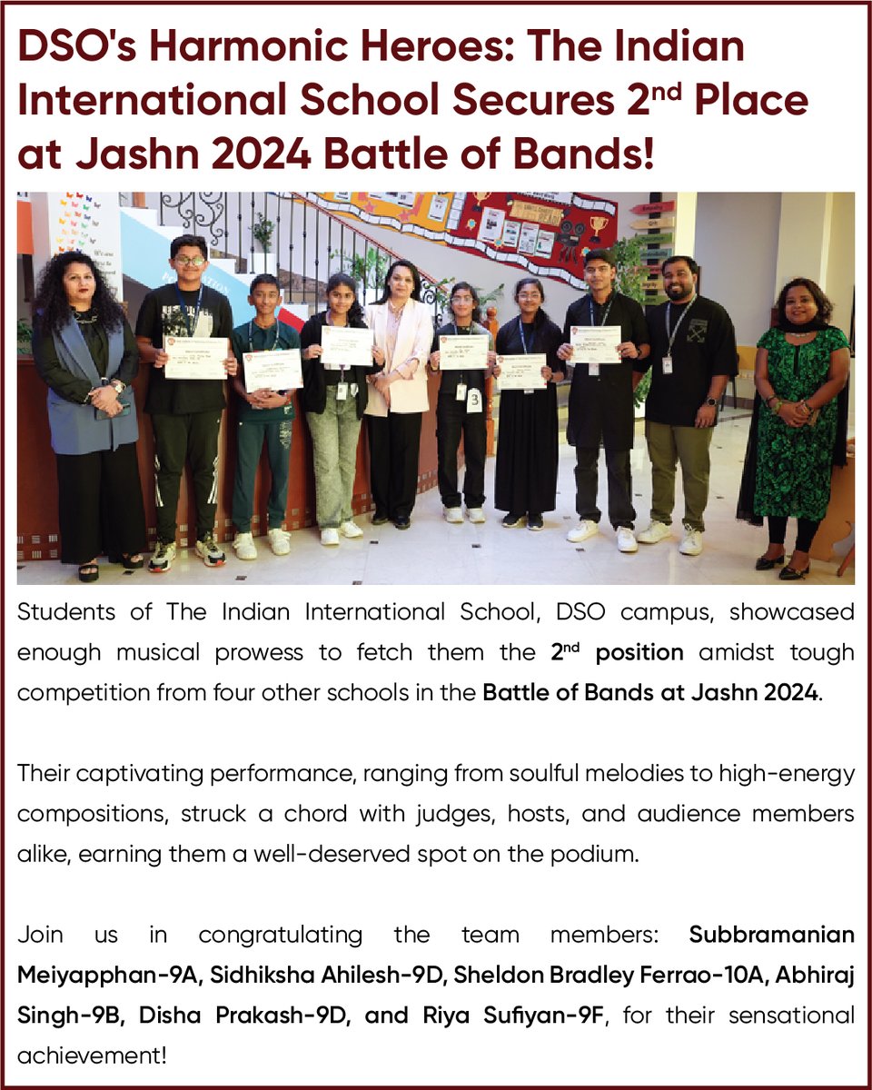 DSO's Harmonic Heroes: The Indian International School Secures 2nd Place at Jashn 2024 Battle of Bands! #jashn2024 #battleofbands @KHDA @cbseindia29 @TeachersOfDubai