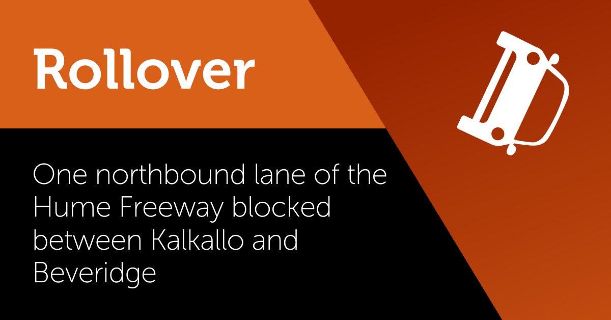 One lane of the Hume Freeway is blocked driving away from Melbourne between Kalkallo and Beveridge, due to a caravan rollover after Gunns Gully Road. One lane can get past under the direction of Victoria Police. Heavy delays from the Craigieburn entry ramp. #victraffic.