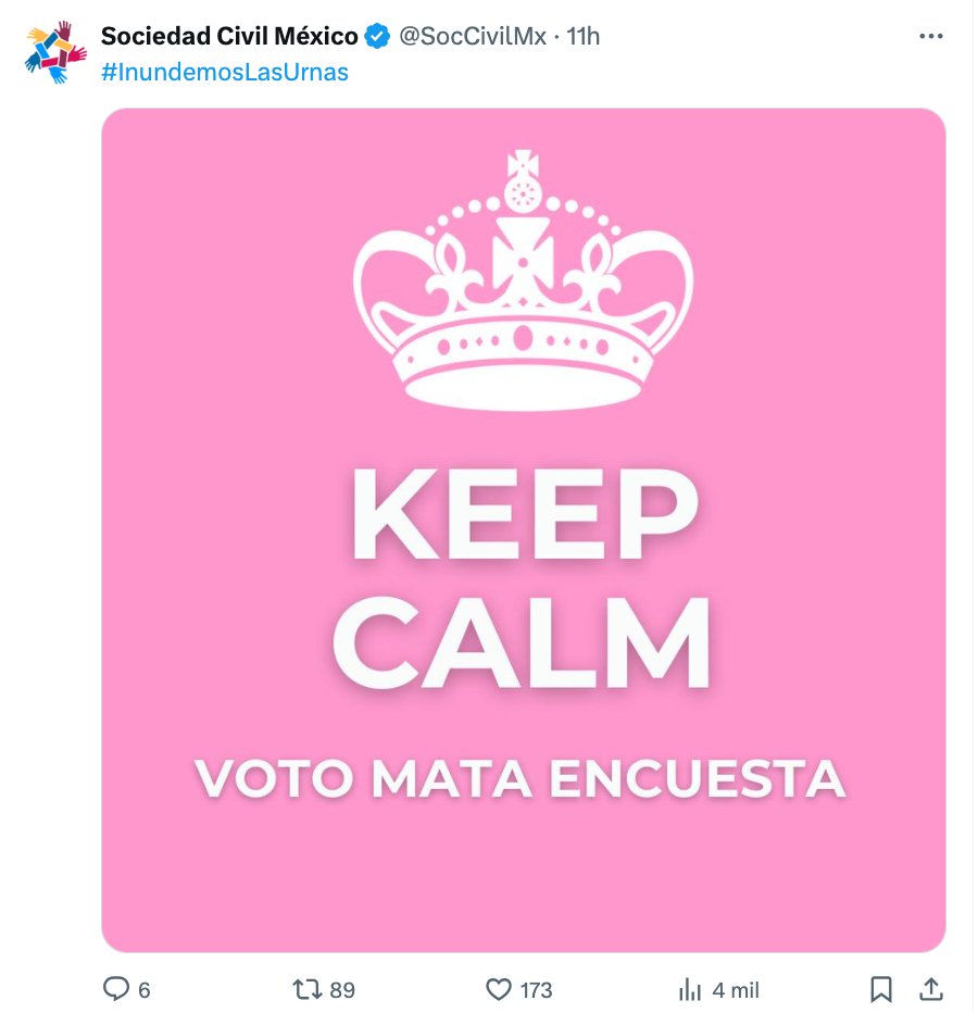 La cuenta @SocCivilMx de la Marea Rosa lleva todo el día VIOLANDO LA VEDA ELECTORAL Miserables Dicen defender la democracia y las instituciones pero sólo defienden sus intereses mezquinos ¡Me va a dar mucho gusto que el Pueblo los REPUDIE en las urnas!