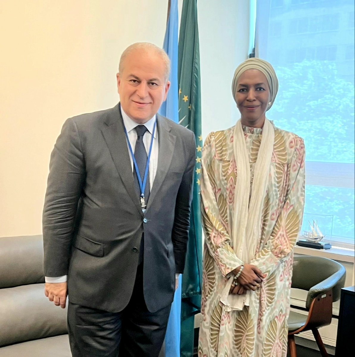 Pleasure to welcome Amb. @ahmedabdelatif_ DG @CairoPeaceKeep & ED @Aswanforum to the @AfricanUnionUN today. We exchanged on the upcoming @AswanForum, broader issues on the peace, security & development nexus & the future of #peacebuilding & #prevention w/in the #African context.