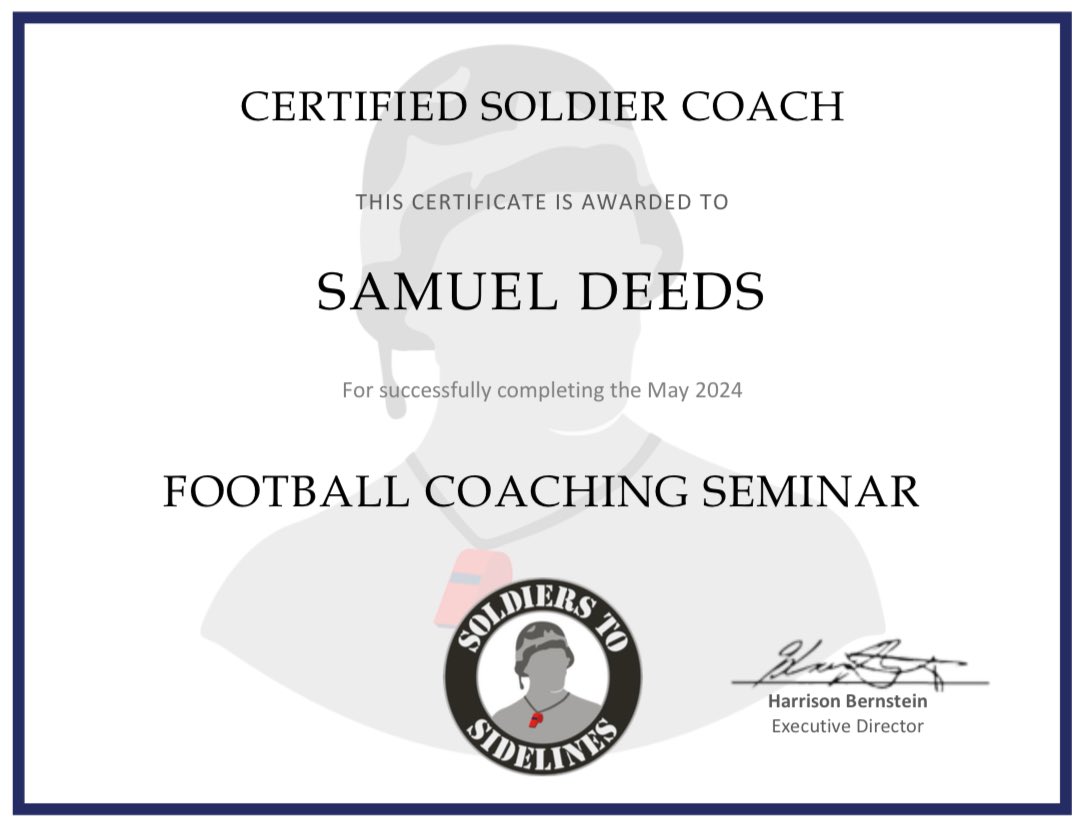 While my oldest was graduating I received this in an email .  Certified Football Coach through <a href="/Soldier2Sidelin/">Soldiers to Sidelines</a>  #earnyourwhistle  This was an absolute amazing seminar.  I highly recommend it to my veteran, active, or Gold Star Family friends who want to coach.