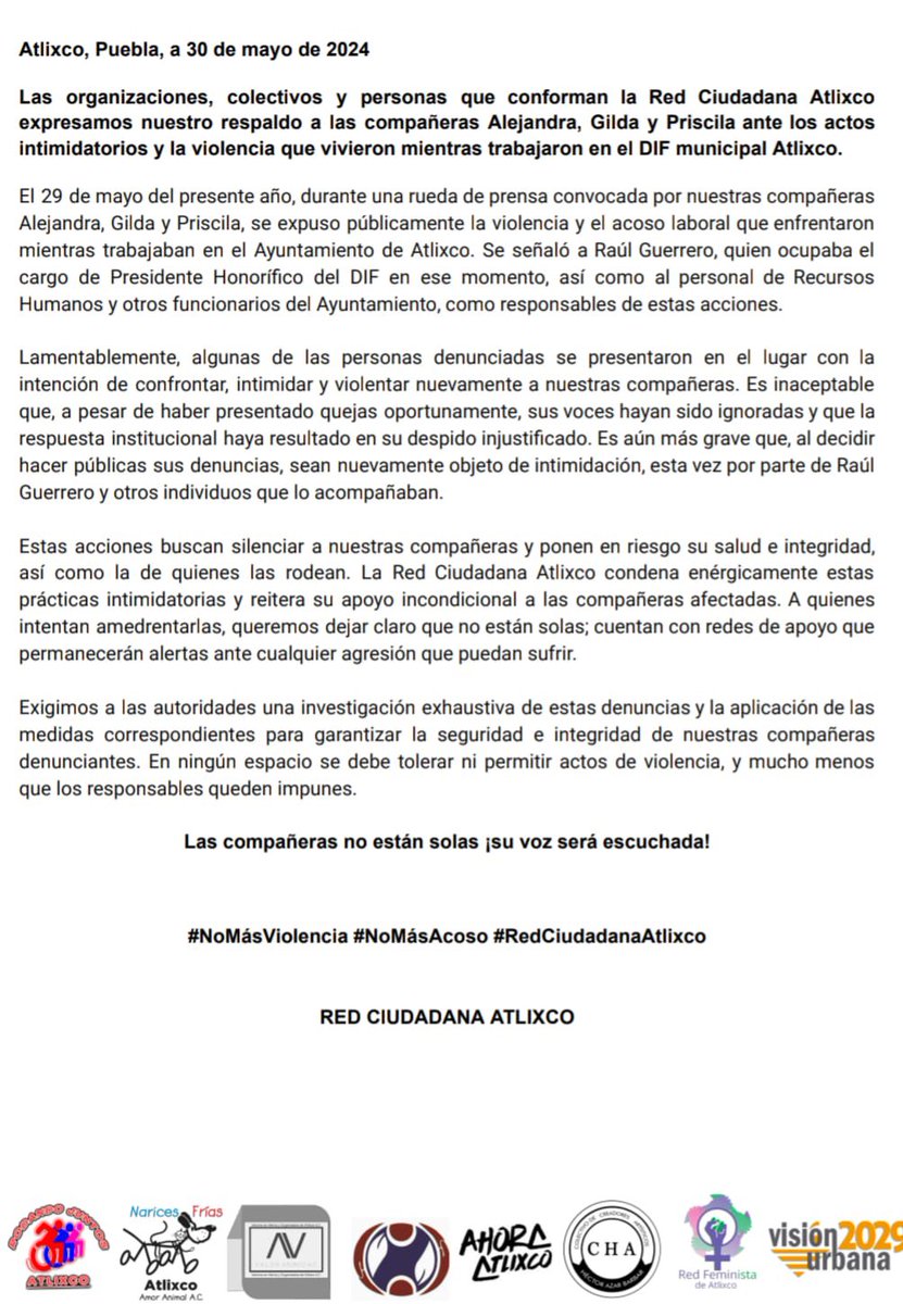 #NoMasAcoso #RedCiudadanaAtlixco #despidoinjustificado #violenciadegenero #dif #discriminacion #derechoshumanos #prensalibre
