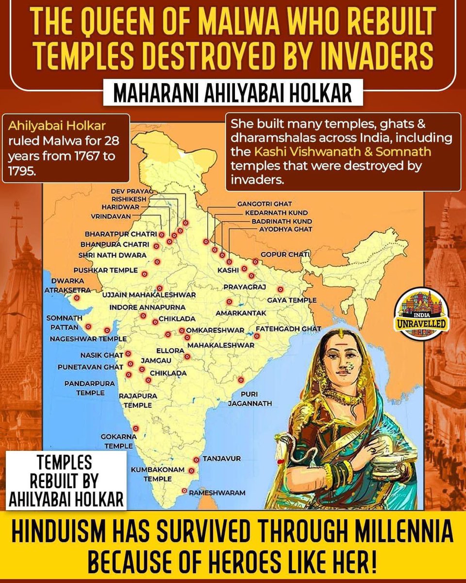 Remembering Maharani Ahilya Bai Holkar , the Holkar Queen of the Maratha ruled Malwa kingdom, India , on her birth anniversary on 31st May

The brave daughter of Bharat who was a torchbearer of Sanatana dharma with her renovation of hundreds of temples destroyed by the Mlechhas.