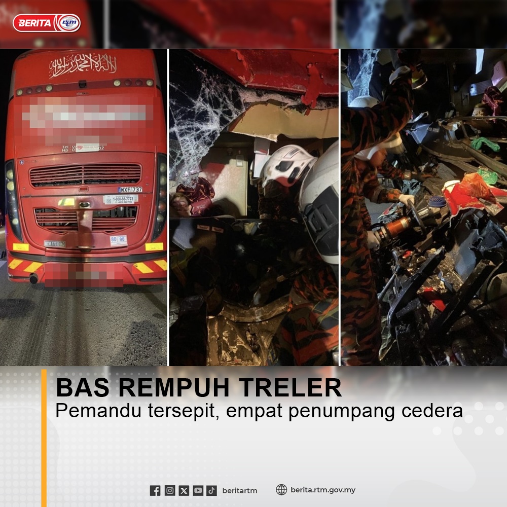 Seorang pemandu bas tersepit dan empat penumpang cedera apabila sebuah bas ekspres yang dinaiki mereka merempuh bahagian belakang sebuah treler di Kilometer 290 PLUS arah selatan berita.rtm.gov.my/nasional/senar… 'Yang sahih di Berita RTM' #RTM #BeritaRTM #MalaysiaMadani