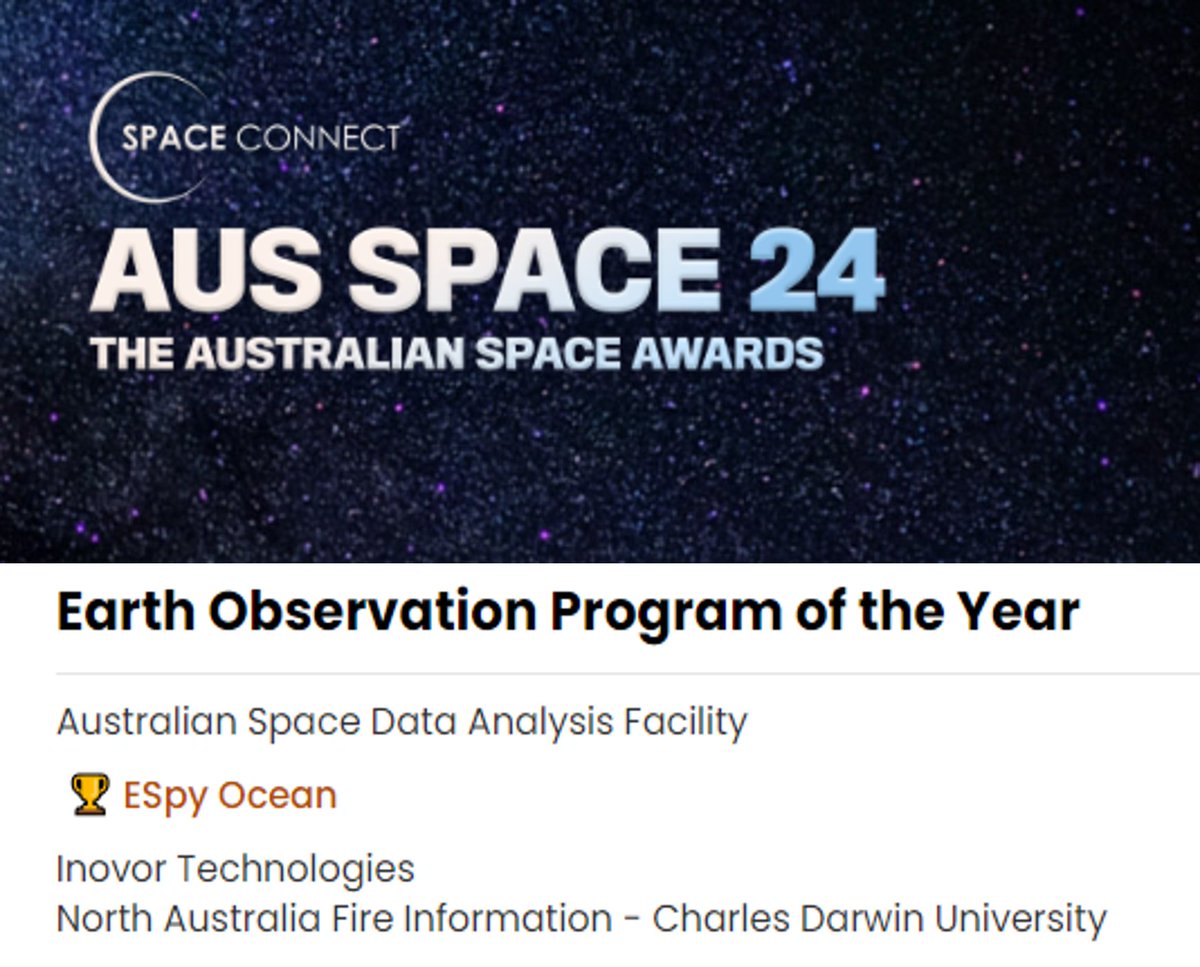 cdu_ni's tweet image. Congrats! to the @CDUni North Australian Fire Information Team who were FINALISTS in the ‘Earth Observation Program of the Year’ category for #AUSSPACE24 Australian Space Awards.👏👏👏
@RohanFisher4 &amp;amp; Peter Jacklyn attended along with 400 members of the space industry community.