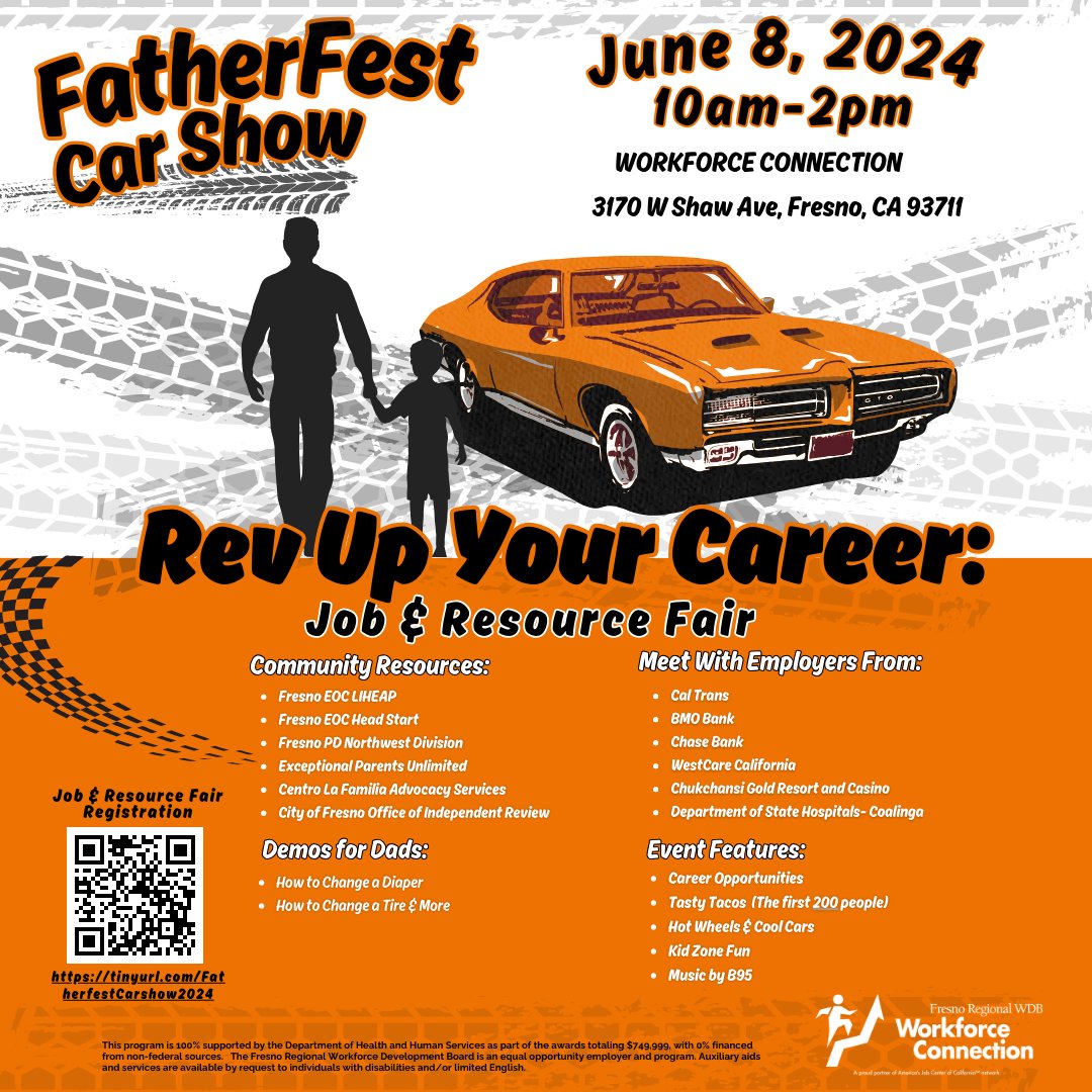 🎉 Join us for FatherFest Job & Resource Fair on June 8, 2024! 🚀
👶 Demos for Dads: Diaper & Tire Changing
💼 Career Opportunities
🚗 Hot Wheels & Cool Cars
📍 WORKFORCE CONNECTION, Fresno, CA
🕙 10am-2pm
Register: tinyurl.com/FatherfestCars…

#FatherFest2024 #CareerFair #FamilyFun
