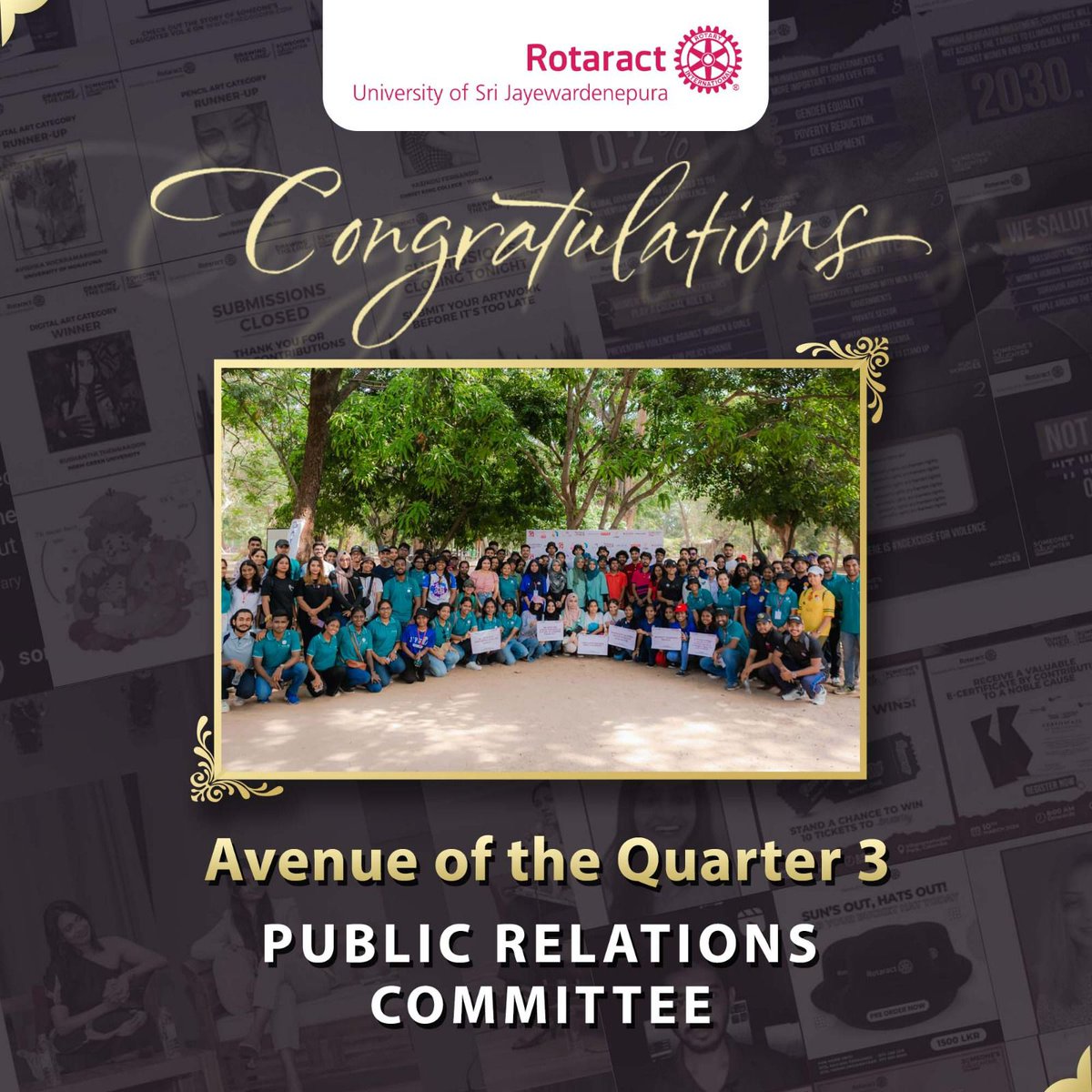 Congratulations to the Public Relations Committee of the Rotaract Club of University of Sri Jayewardenepura for being recognized as Avenue of the 3rd Quarter! 🎉

#RACUSJ
#Rotaract 
#Rotaract3220
#CreateHopeintheWorld
#YouthForAll