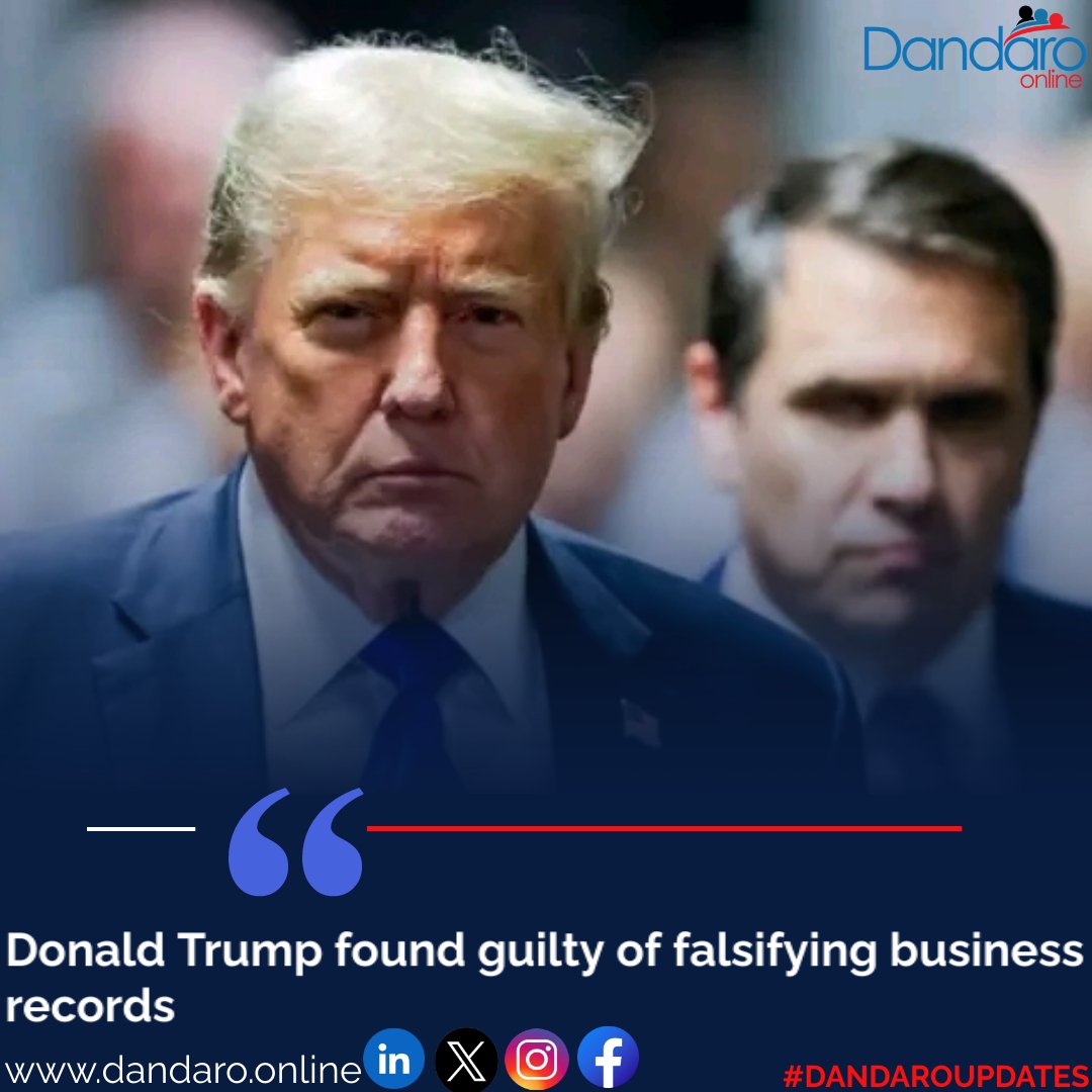 #dandaroupdates Former US President Donald Trump has been found guilty of falsifying business records, marking a significant legal defeat. The verdict follows a lengthy investigation and trial that exposed Trump's fraudulent activities in his business dealings. Read more: