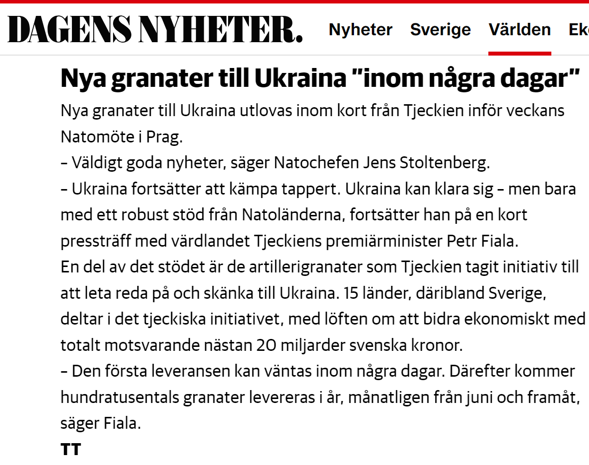 Nya granater till #Ukraina utlovas inom kort från #Tjeckien inför #Nato-mötet i #Prag. – Väldigt goda nyheter, sa #Stoltenberg. – Ukraina fortsätter att kämpa tappert. Ukraina kan klara sig, men bara med ett robust stöd från #Natoländerna. #svpol #föpol #SWE #UKR @NATO #Ryssland