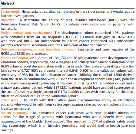 Ever thought you are doing too many negative cystoscopies for patients with hematuria?

Our report in @EurUrolOncol utilizes a hematuria nomogram and ultrasound to triage patients for cystoscopy= 25% of hematuria patients avoiding cystoscopy

#oncsurgery

tinyurl.com/mu2zp3f7