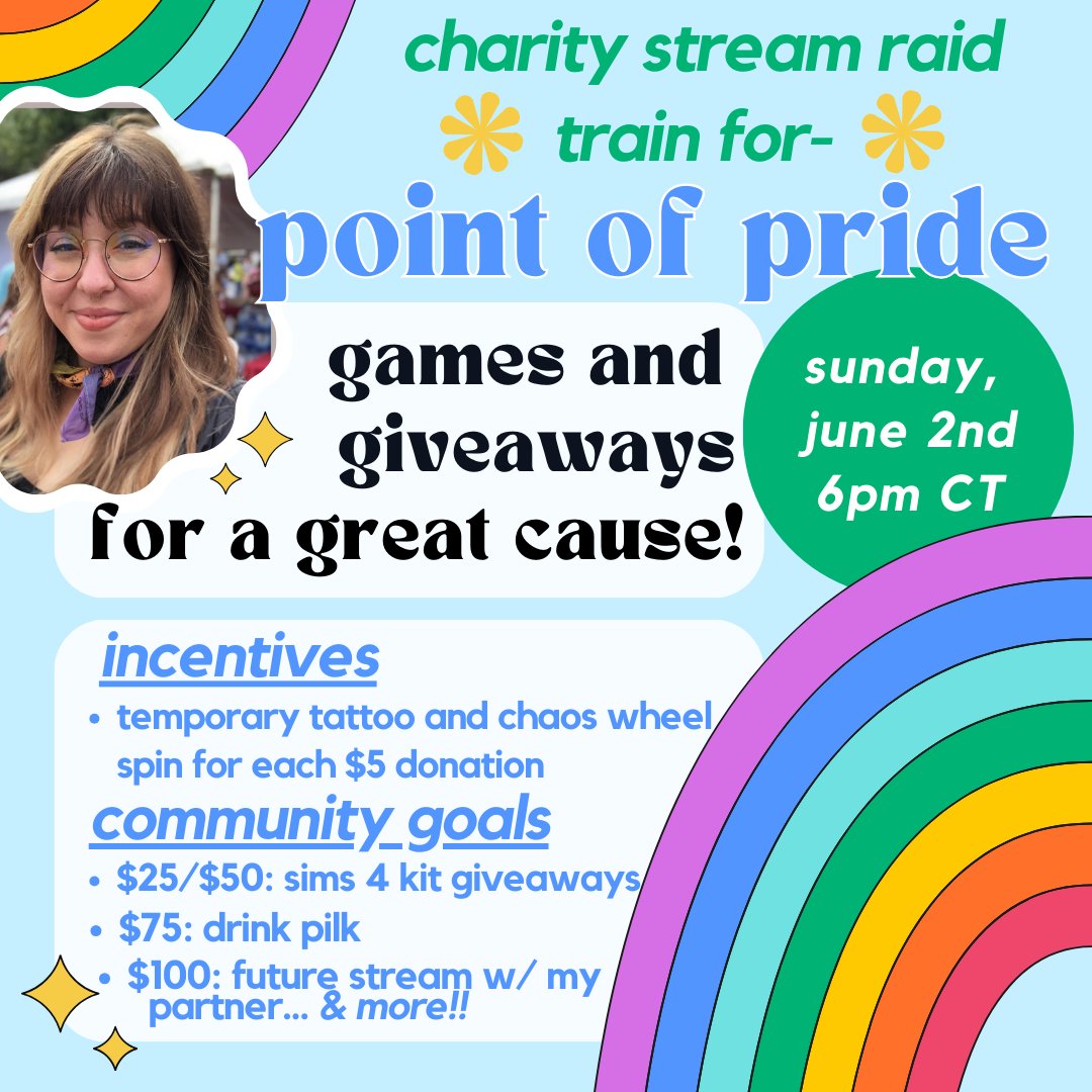 charity stream for <a href="/pointofpride/">Point of Pride</a> is coming up y'all!! i'll be live on sunday, june 2nd at 6pm CT with some sims building✨

so many amazing streamers involved in this event- special thanks to <a href="/mothescorpiottv/">mo 🇵🇸🇨🇩🇸🇩</a> <a href="/x_hermitqueen_x/">🖤✨Hermit✨🖤</a> @lazy_villagers <a href="/pie3atingcontes/">FREE 🇵🇸 🇨🇩 🇸🇩 pie (they/them) 🥧✨</a> for organizing! 🏳️‍🌈