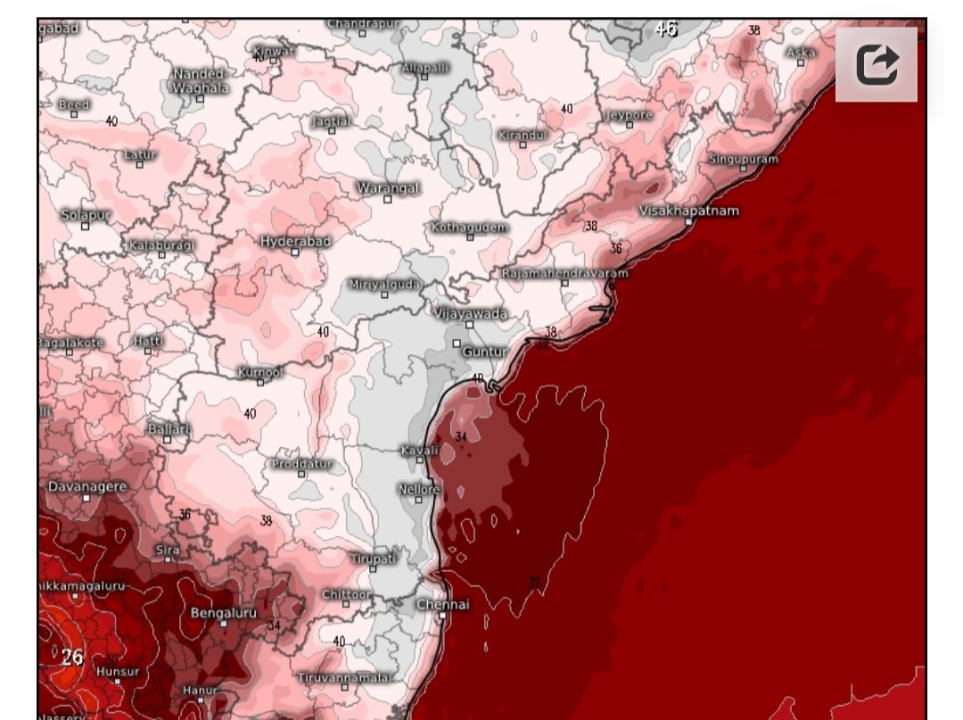 Today also severe heat to grip parts AP,TG,TN. Especially the belt from vijaywada-guntur-bapatla-ongole-kavali-nellore-Tirupati-vellore,chennai & suburbs will record upto 42-44c . Isolated thundershowers possible in North #AP & North #TN today evening.Heat reduce from  June 1st.