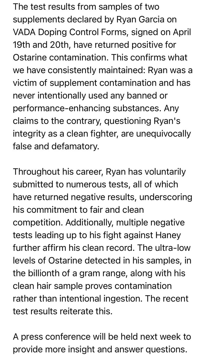 ‼️ Ryan Garcia’s legal team have now released a new statement saying two supplements Garcia listed on his VADA doping control form have proved to be contaminated with ostarine: “This confirms what we have consistently maintained - Ryan was a victim of supplement contamination.”