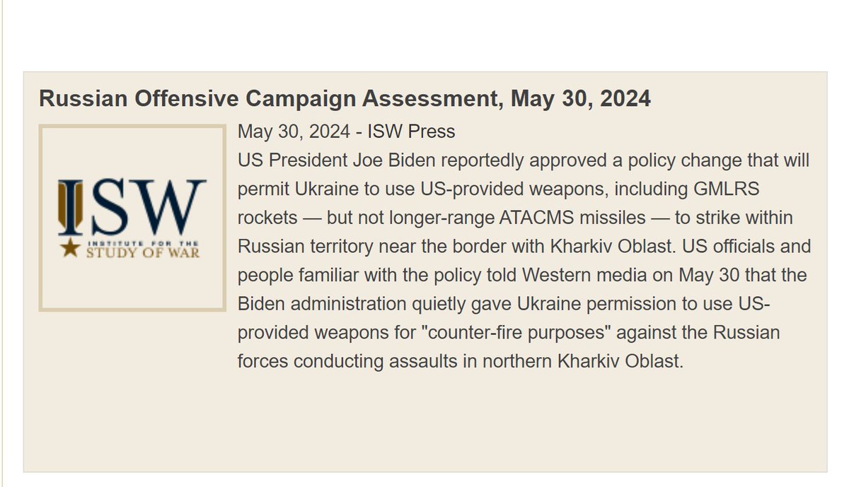 #Biden approved a policy change that will permit #Ukraine to use #US-provided weapons, including #GMLRS rockets, but not longer-range #ATACMS, to strike within #Russian territory near the border with #Kharkiv Oblast. #svpol #föpol #USA #UKR #SlavaUkraïni #HeroyamSlava #Russia 1/2