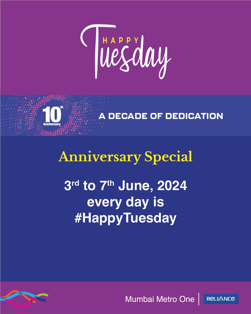 It's our 10th anniversary next week and we intend to spread some cheer! Let's make every day a #HappyTuesday. Participate in our week-long #MetroAnniversary contests daily and stand a chance to win vouchers. #Contestalert #MumbaiMetro #Giveaways