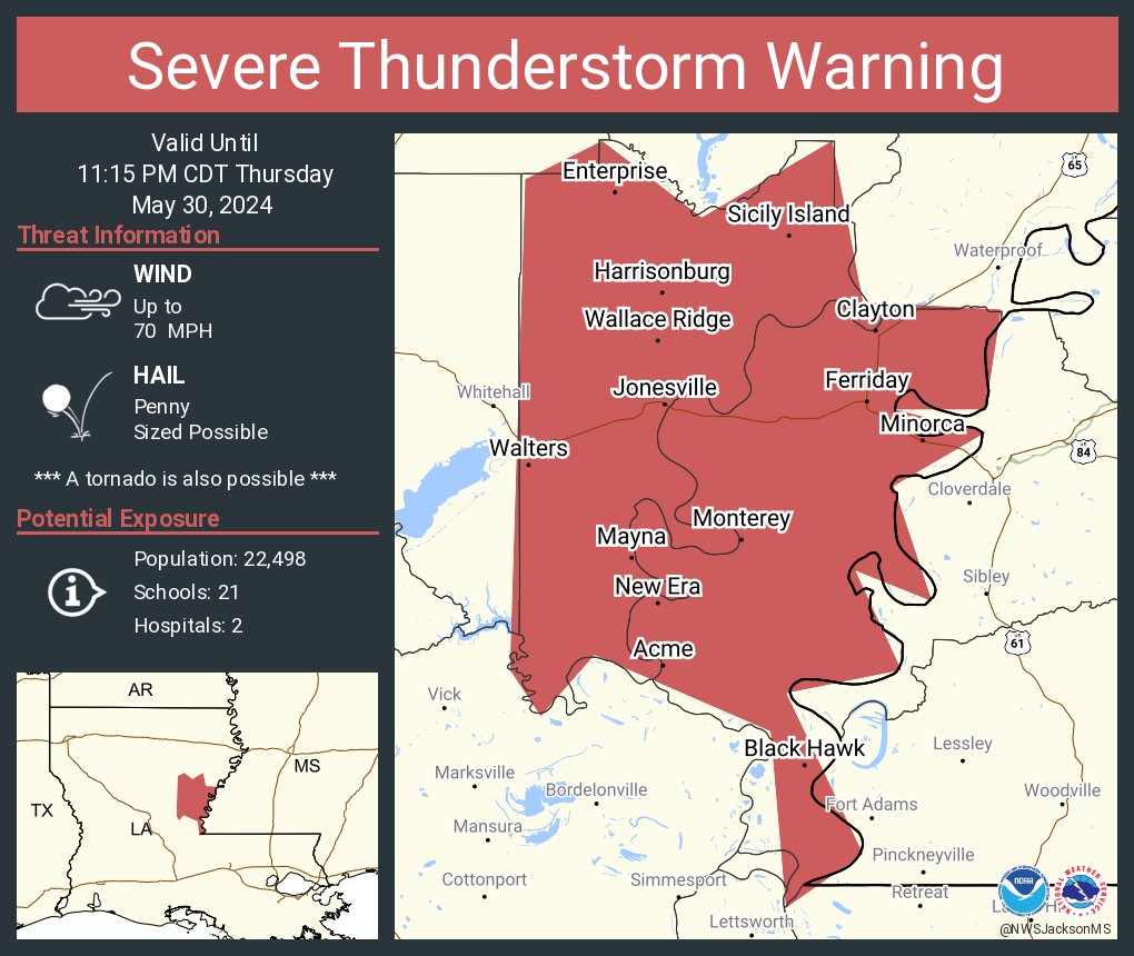 Severe Thunderstorm Warning continues for Ferriday LA, Minorca LA and Jonesville LA until 11:15 PM CDT. This storm will contain wind gusts to 70 MPH!
