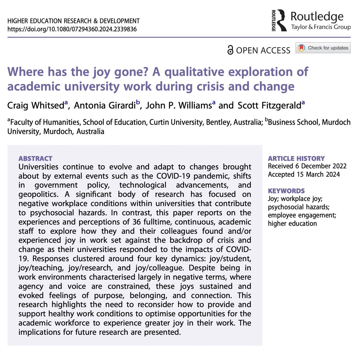 Higher Education Research and Development (@herdjournal) on Twitter photo Where has the #joy gone? A qualitative exploration of academic university work during crisis & change
<a href="/Craig_Whitsed/">Craig Whitsed</a>, Antonia Girardi, John Williams & Scott Fitzgerald
🔓→doi.org/10.1080/072943…
#HigherEd #AcademicChatter #WorkplaceJoy #PsychosocialHazards #EmployeeEngagement Where has the #joy gone? A qualitative exploration of academic university work during crisis & change
<a href="/Craig_Whitsed/">Craig Whitsed</a>, Antonia Girardi, John Williams & Scott Fitzgerald
🔓→doi.org/10.1080/072943…
#HigherEd #AcademicChatter #WorkplaceJoy #PsychosocialHazards #EmployeeEngagement