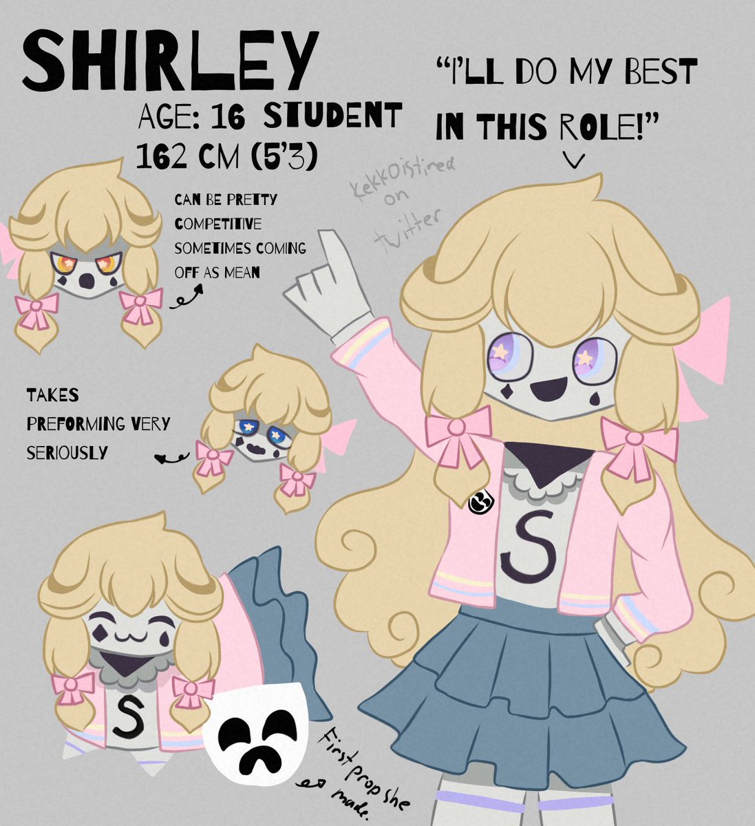 “Shirley shines so brightly on stage.. I wish I was like that..” - Misery (Childhood friend) 

Her favorite subject is English literature! She’s a very active member of the theater club! 

#fundamentalpapereducation #fundamentalpapereducationoc