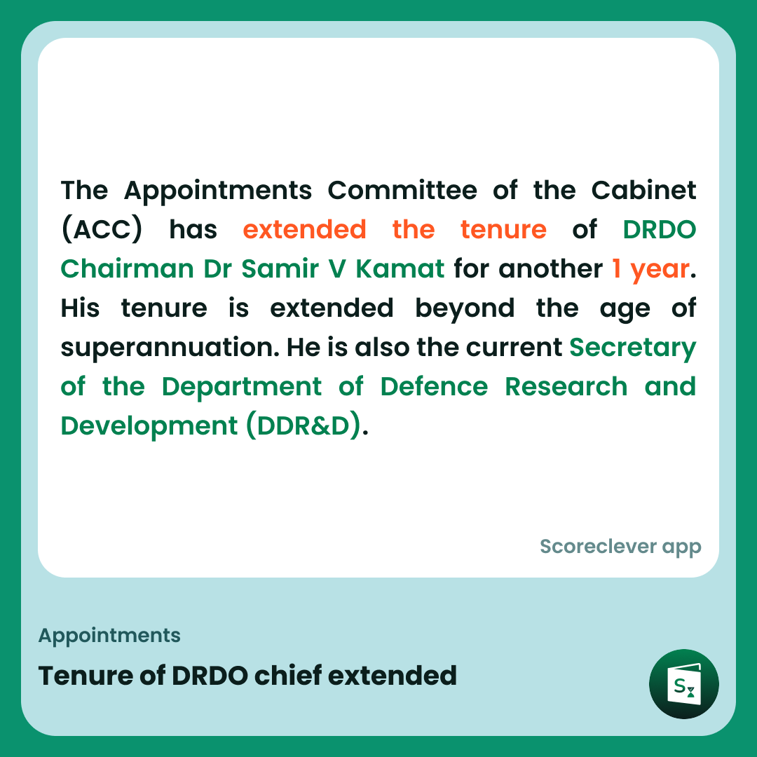🟢🟠 𝐈𝐦𝐩𝐨𝐫𝐭𝐚𝐧𝐭 𝐍𝐞𝐰𝐬: Tenure of DRDO chief extended

✅ Follow Scoreclever News for daily updates

#ExamPrep #UPSC #IBPS #SSC #GovernmentExams #DailyUpdate #News #UPSC #SSC