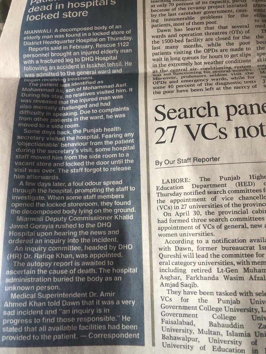 A horrific story… hospital staff lock up a patient in a side room for a VIP visit and forget about him