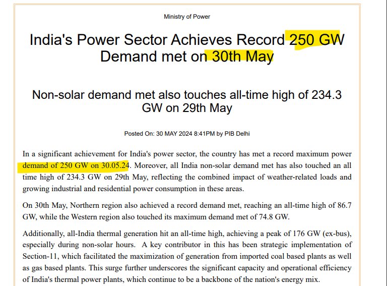 Power - India Demand at 250 GW - All time high 

Potential Growth - Incremental demand of 3-5 GW every day during last week due to heatwave (climate change )

Huge Power demand decade ahead 

#PFC
#RECLTD 
#IREDA 
#Aparinds 
#Sjvn 
#Genuspower 
#WaareeeRT 
#Sanghvimov
#Valiant