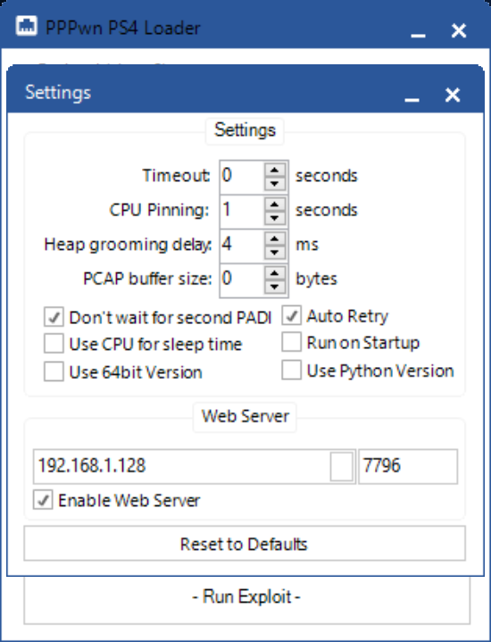 MODDED_WARFARE's tweet photo. Here's a new version of PPPwn GUI 1.8. This version adds a new settings panel that allows you to tweak timings and other options to help improve stability and speed. Web server is also implemented for those who want to load the exploit over the network: https://t.co/dOcaDYYQFv https://t.co/P7oBDLFLkz