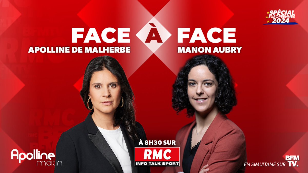 🎙️ Ce matin, @ManonAubryFr, tête de liste de La France Insoumise, est l'invitée du #FaceÀFace spécial élections européennes avec @apollineWakeUp 📧 Posez vos questions à Manon Aubry à l'adresse : vosquestions@rmc.fr 👉 Rendez-vous à 8h30 sur RMC et @BFMTV