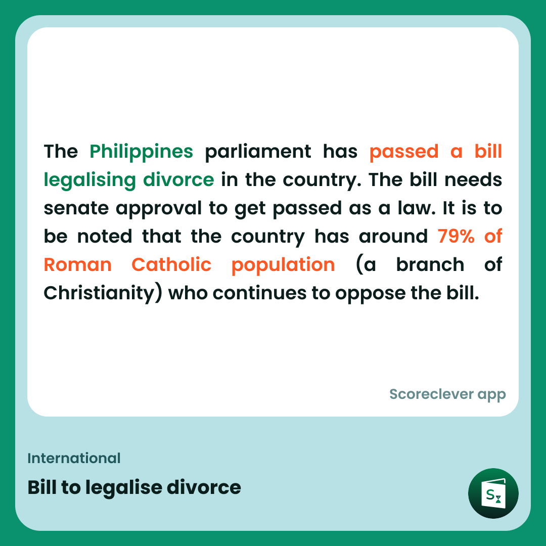 🟢🟠 𝐈𝐦𝐩𝐨𝐫𝐭𝐚𝐧𝐭 𝐍𝐞𝐰𝐬: Bill to legalise divorce

Follow Scoreclever News for more

#ExamPrep #UPSC #IBPS #SSC #GovernmentExams #DailyUpdate #News