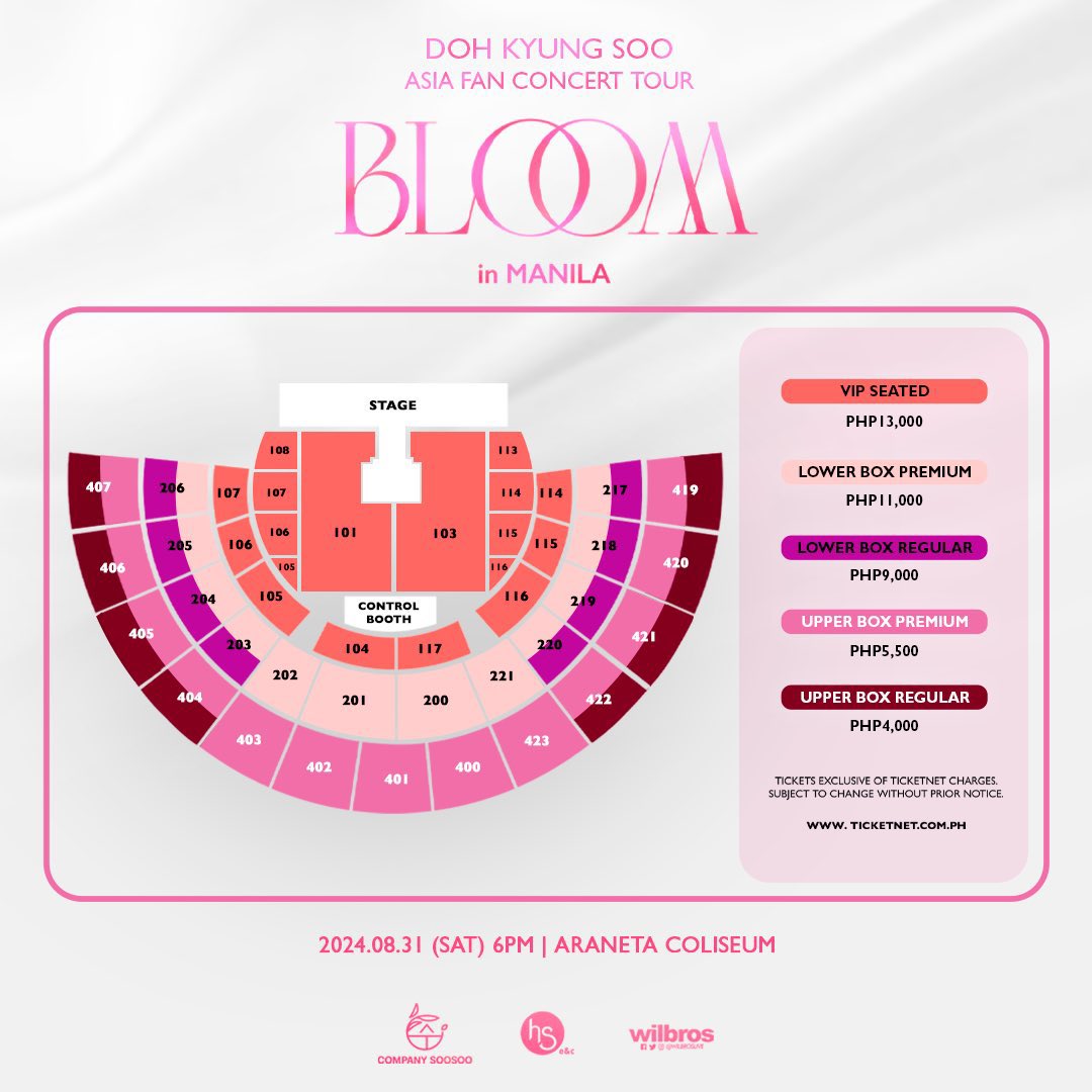 philconcerts's tweet photo. Seat plan, ticket prices, and fan benefits for the 2024 DOH KYUNG SOO ASIA FAN CONCERT TOUR <BLOOM> IN MANILA on August 31, 2024, at the Araneta Coliseum!

Tickets on-sale on June 8, 12PM, via
https://t.co/8wWVRx9CK1 and TicketNet outlets 🎫

 #DOHKYUNGSOO #FANCONCERT_BLOOM @WilbrosLive l