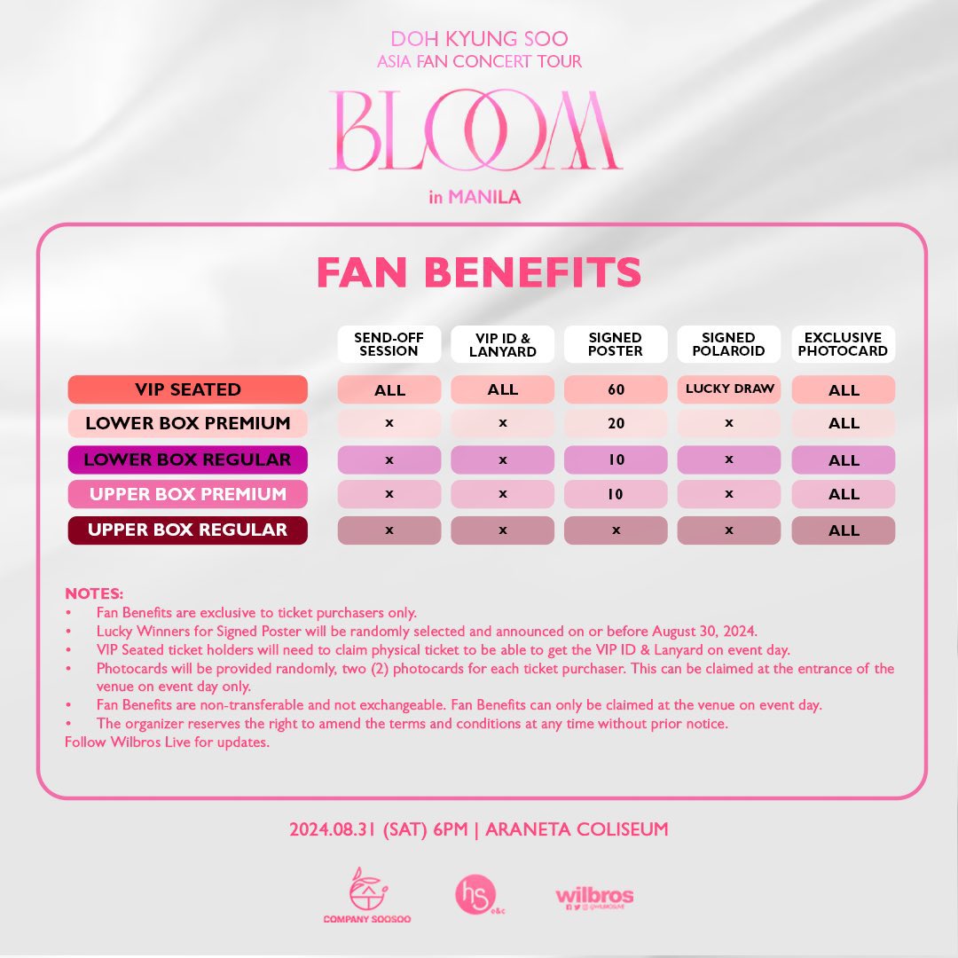 Seat plan, ticket prices, and fan benefits for the 2024 DOH KYUNG SOO ASIA FAN CONCERT TOUR <BLOOM> IN MANILA on August 31, 2024, at the Araneta Coliseum!

Tickets on-sale on June 8, 12PM, via
TicketNet.com.ph and TicketNet outlets 🎫

 #DOHKYUNGSOO #FANCONCERT_BLOOM