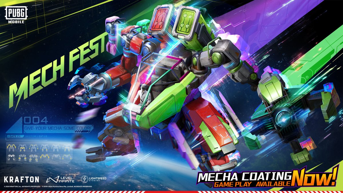 Customize your Mech in the new Mecha Coating Gameplay, available now.

Try it out and share your color combinations!

📲 pubgmobile.live/mechfest 
#PUBGMOBILE #PUBGMOBILEV320 #PUBGMOBILEMECH #PUBGMOBILEC6S18 #PUBGMMECHFEST