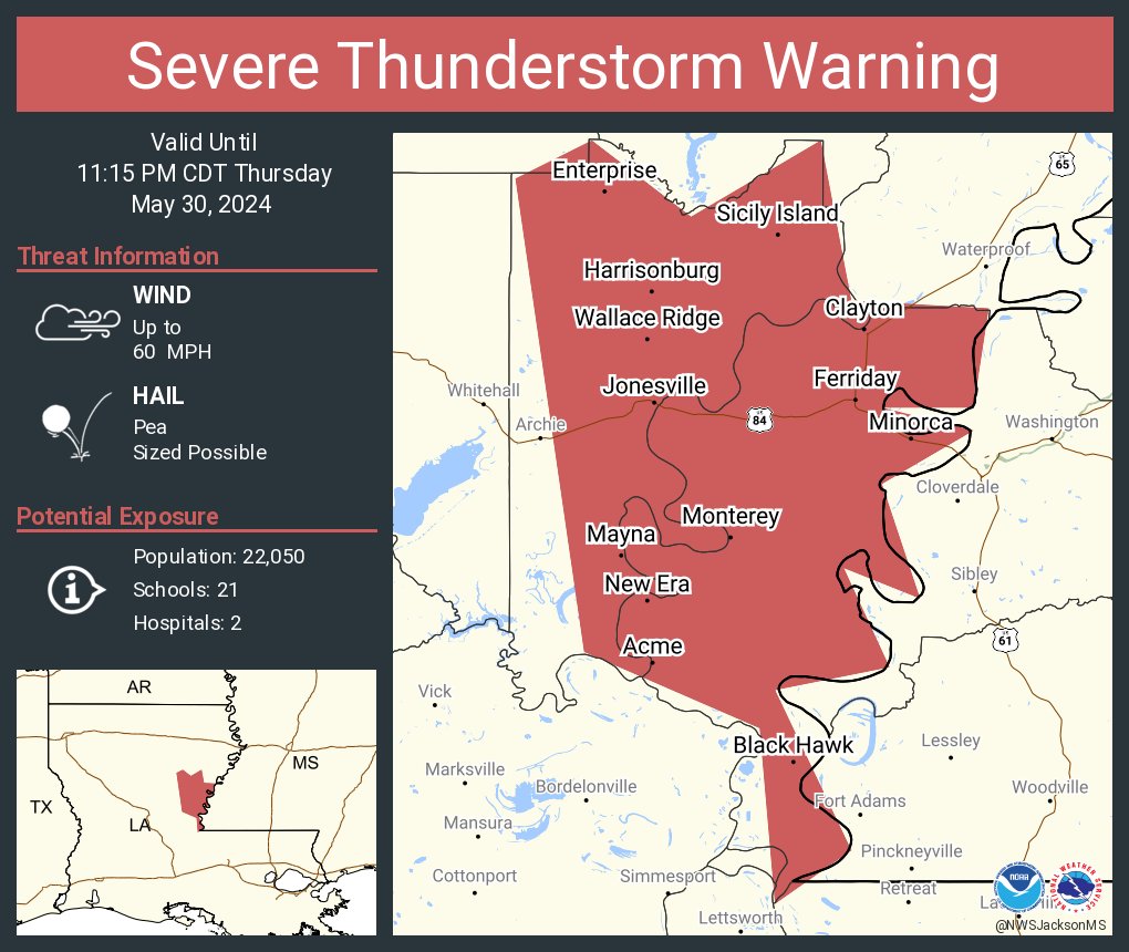 Severe Thunderstorm Warning continues for Ferriday LA, Minorca LA and Jonesville LA until 11:15 PM CDT