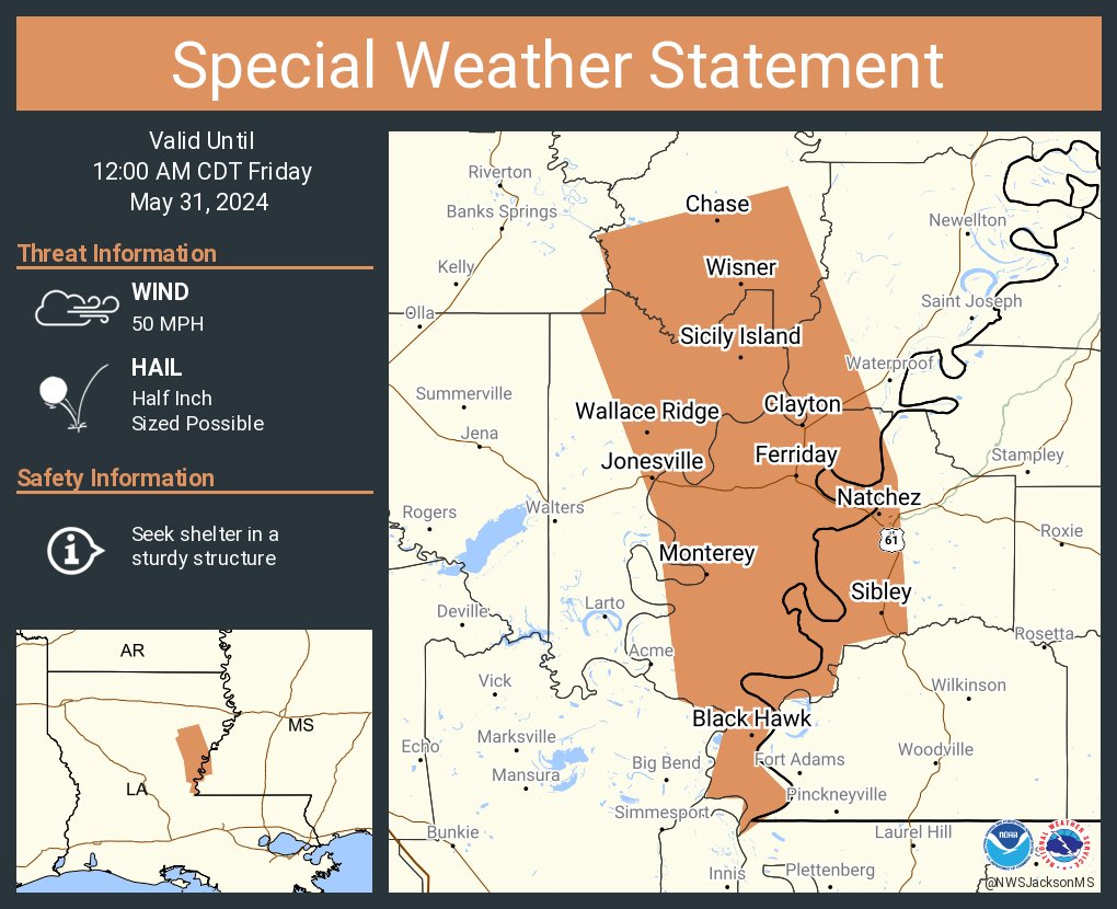 A special weather statement has been issued for Natchez MS, Vidalia LA and Ferriday LA until 12:00 AM CDT