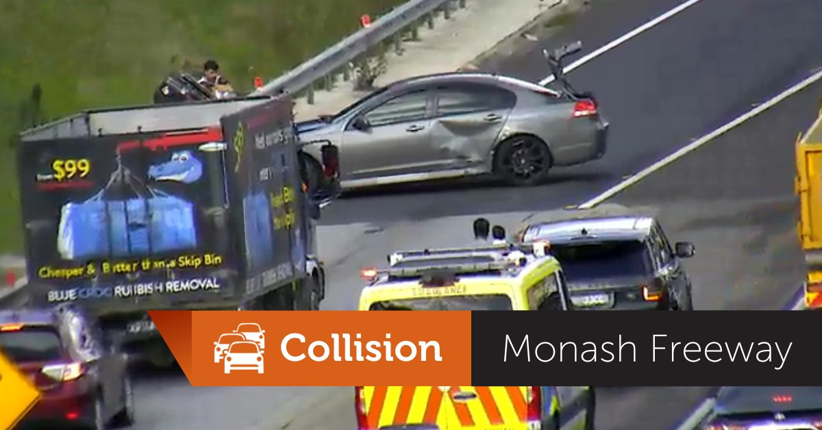 The outbound entry from Wellington Road to the Monash Freeway is closed due to a collision at the end of the entry ramp. Motorists can enter the freeway from Blackburn Road or Stud Road instead. The right lane of the freeway also closed with another car stopped. #victraffic