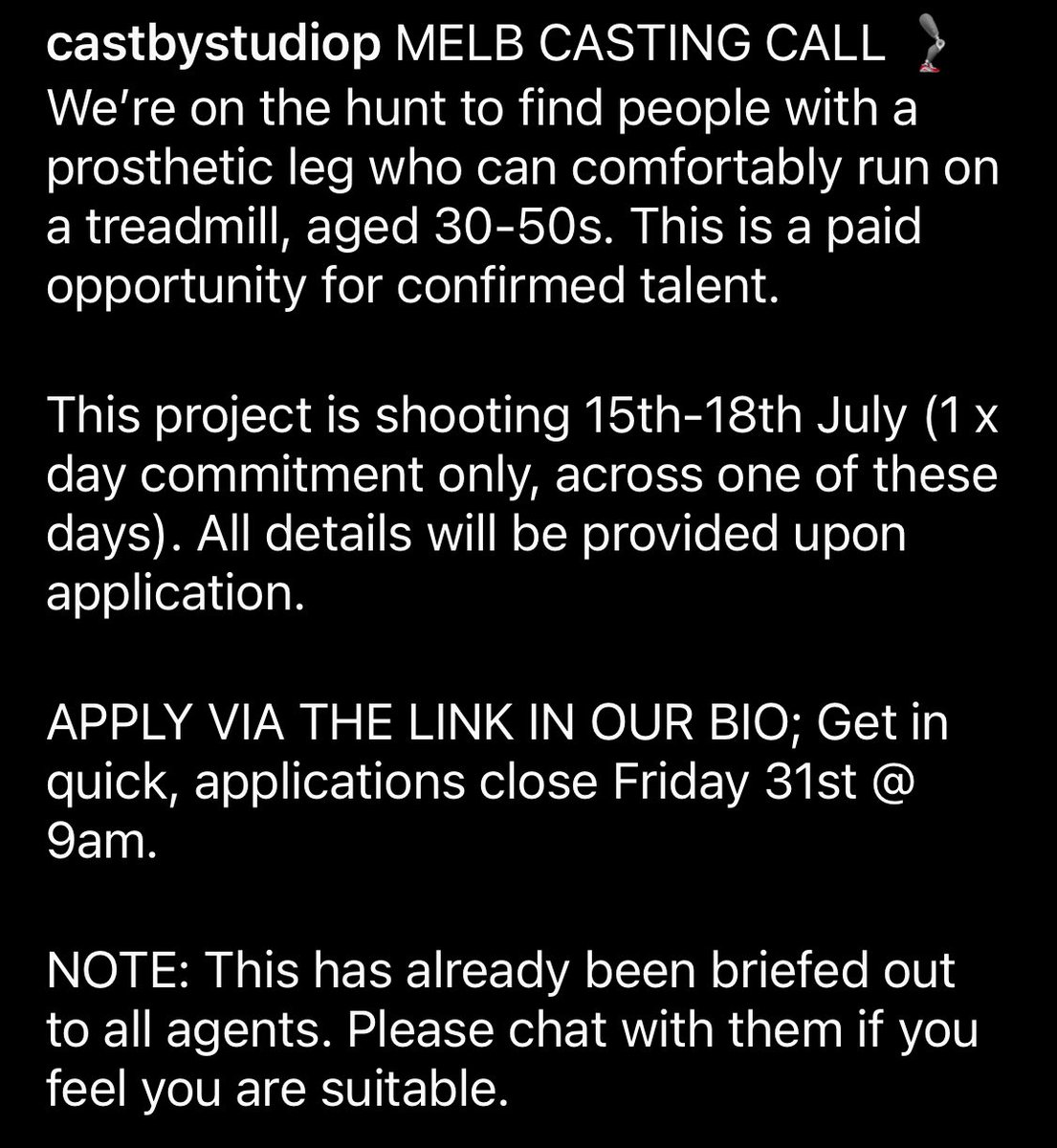 Prosthetic Leg Talent gigbook.tv/blog/prostheti…

Attention all Melbourne Prosthetic Leg Talent.

#prostheticlegtalent #treadmilltalent #treadmill #disabilitytalent #disabledtalent #Melbourne #30to50yearsold #castbystudiop #onestopshop #castandcrew #joinforfree #applyhere #gigbook