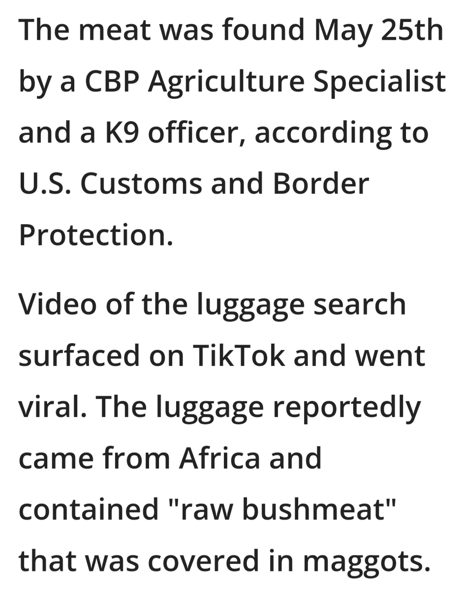 Raw 'bushmeat' covered in maggots found in luggage at #OHare 🤮

CDC: Meat (eg, bats, nonhuman primates, can rats)
could be infected with germs that lead to illness like #Ebola‼️

Meat & anything it touched will be destroyed & passenger fined
 
#ChicagoScanner