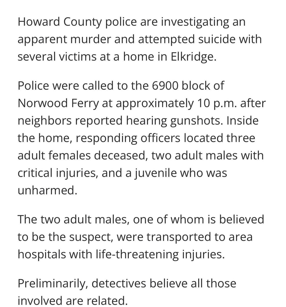 #BREAKING: 3 women dead, 2 men in critical condition after apparent murder/attempted suicide in Elkridge. 

Horrible details out of Howard County late tonight @wjz