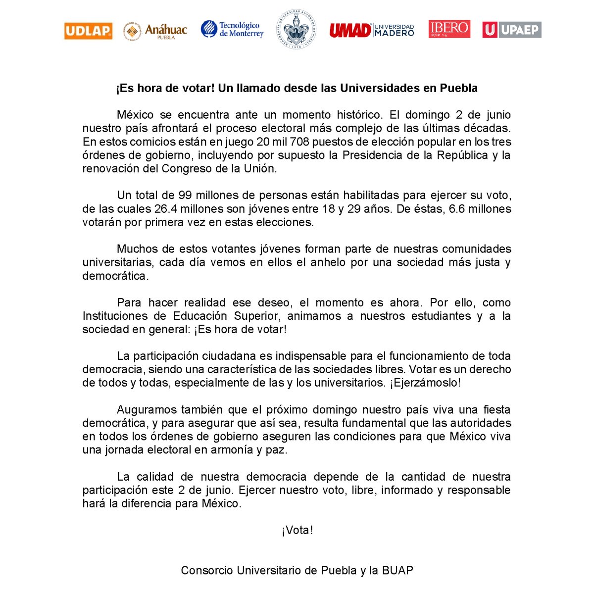 udlap's tweet image. ¡Tu voto cuenta! 🗳️
Este domingo 2 de junio es crucial para el futuro de nuestro país.
Ejerzamos nuestro voto de manera libre, informada y responsable.