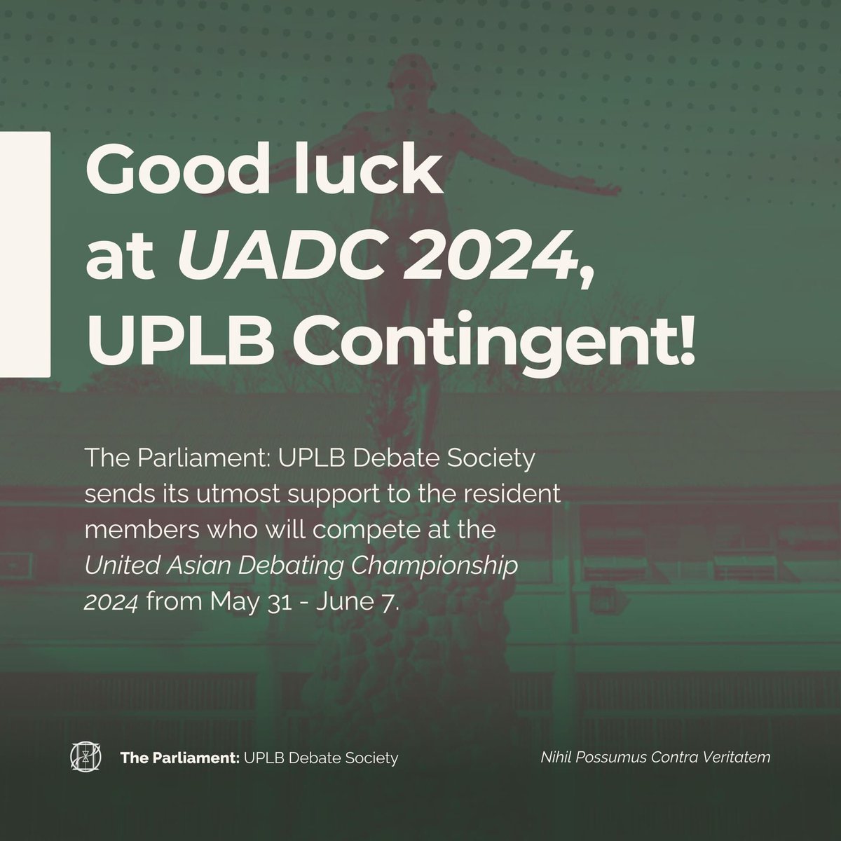 uplb_debate's tweet photo. Good luck, UPLB contingent! 🔥🇵🇭
    
From May 31-June 7, The Parliament will be sending off its resident members to Kuala Lumpur, Malaysia to compete at the United Asian Debating Championship (UADC) 2024! https://t.co/HlJBqGaKAK